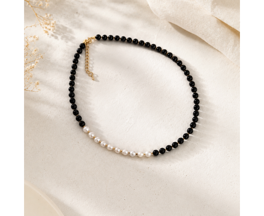 Onyx Halskette mit Süßwasserperlen | Handgefertigt | KiFe Schmuck Atelier