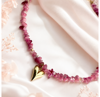 Halskette aus rosa Turmalin mit Herzanhänger und Hämatit