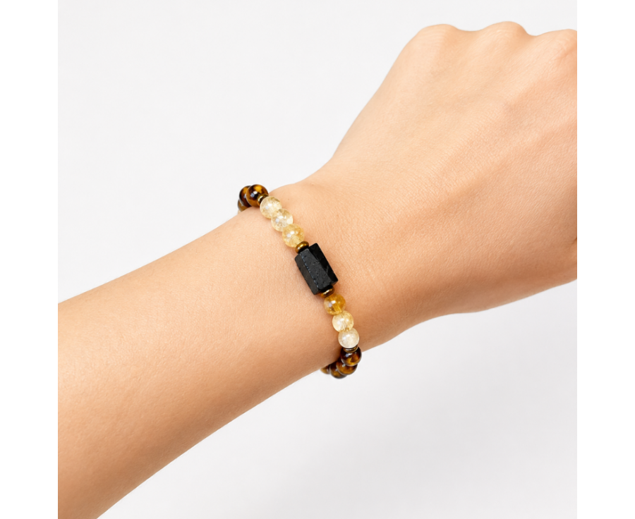 Damenarmband aus Tigerauge, Citrin und schwarzem Turmalin
