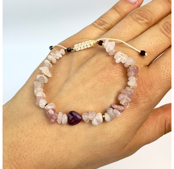 Rosenquarz Armband Damen mit Amethyst-Herz | KiFe