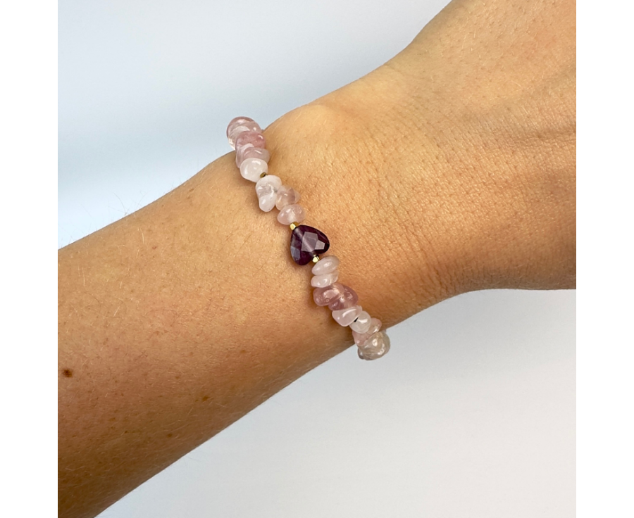 Rosenquarz Armband mit Amethyst-Herz - Damen Natursteinarmband