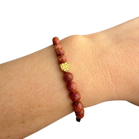 Braunes Armband mit funkelndem Goldfluss und goldfarbenem Hämatit-Blatt| KiFe Schmuck Atelier