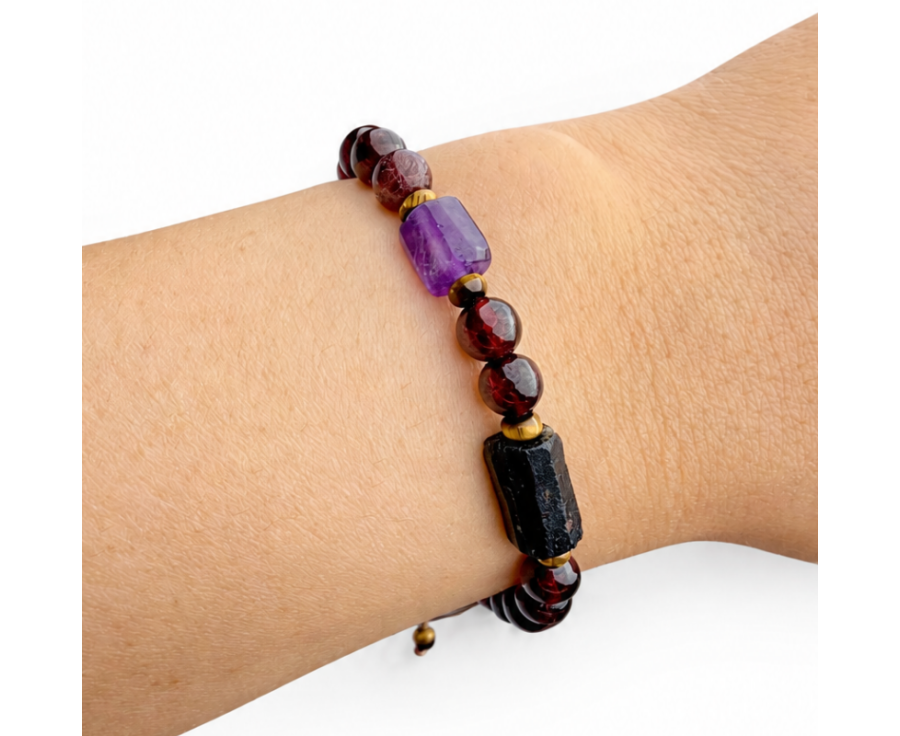 Granat-Armband mit schwarzem Turmalin, Amethyst und Tigerauge - Mutmacher für Damen