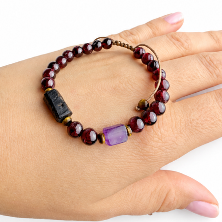 Granat-Armband mit schwarzem Turmalin, Amethyst und Tigerauge - Mutmacher für Damen