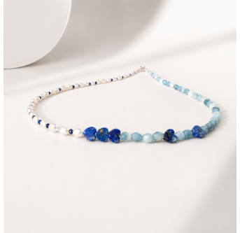 Halskette aus Lapislazuli, Aquamarin und Süßwasserperlen