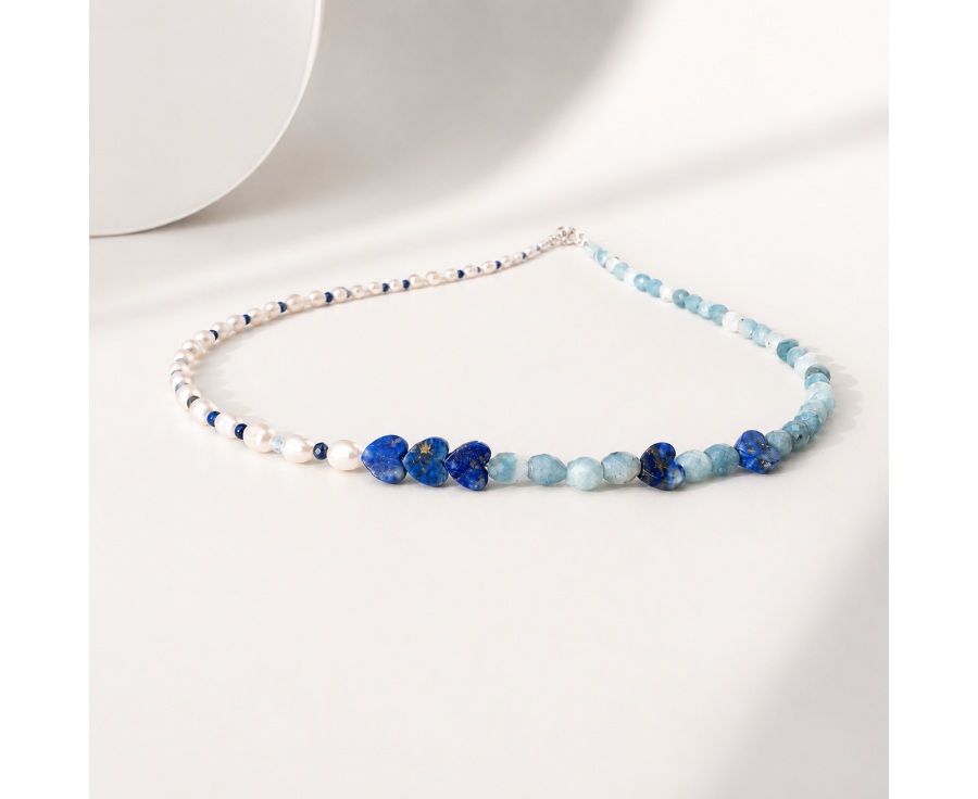 Halskette aus Lapislazuli, Aquamarin und Süßwasserperlen