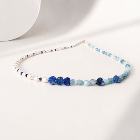 Halskette aus Lapislazuli, Aquamarin und Süßwasserperlen