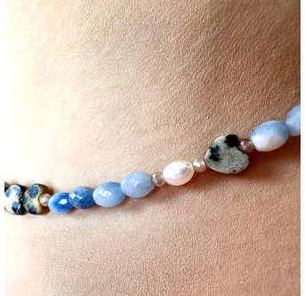 Boho Edelstein Halskette Damen mit Aquamarin & Süßwasserperle
