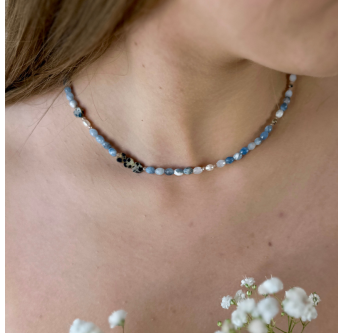 Boho Edelstein Halskette Damen mit Aquamarin & Süßwasserperle