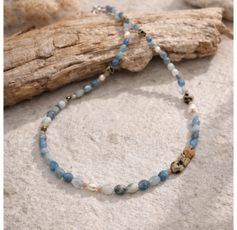 Boho Edelstein Halskette Damen mit Aquamarin & Süßwasserperle