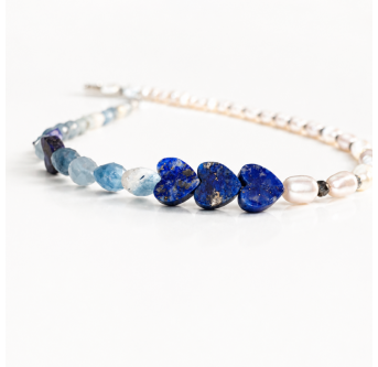 Halskette aus Lapislazuli, Aquamarin und Süßwasserperlen